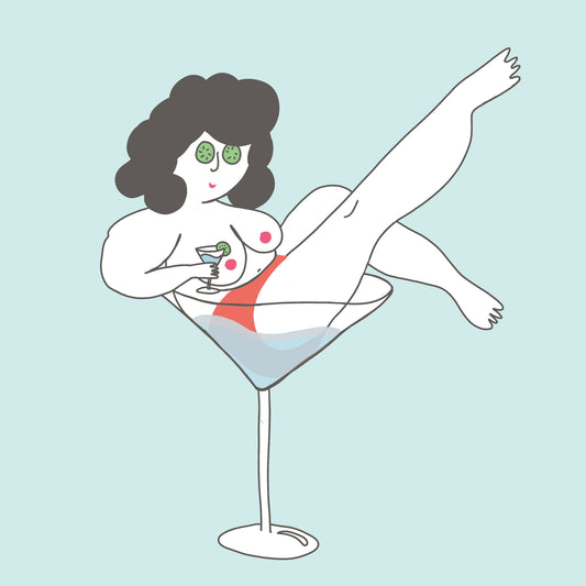 Illustration of a person sitting in a martini glass holding a martini - Fun Factory Masturbation May Love Languages