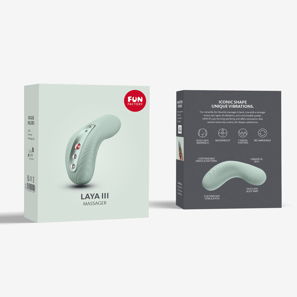 Laya 3 Lay-On Vibrator in sage with it's packaging