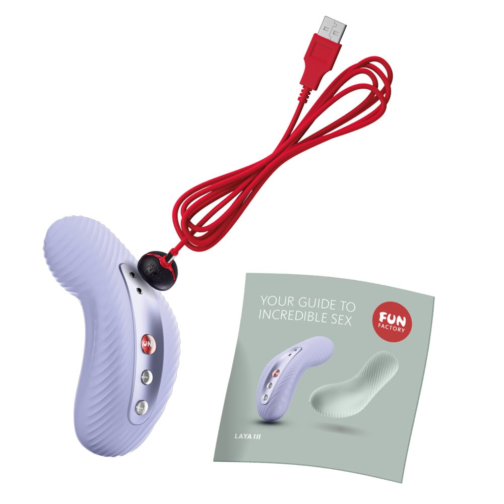 Laya 3 in violet with a charging cable and the user manual
