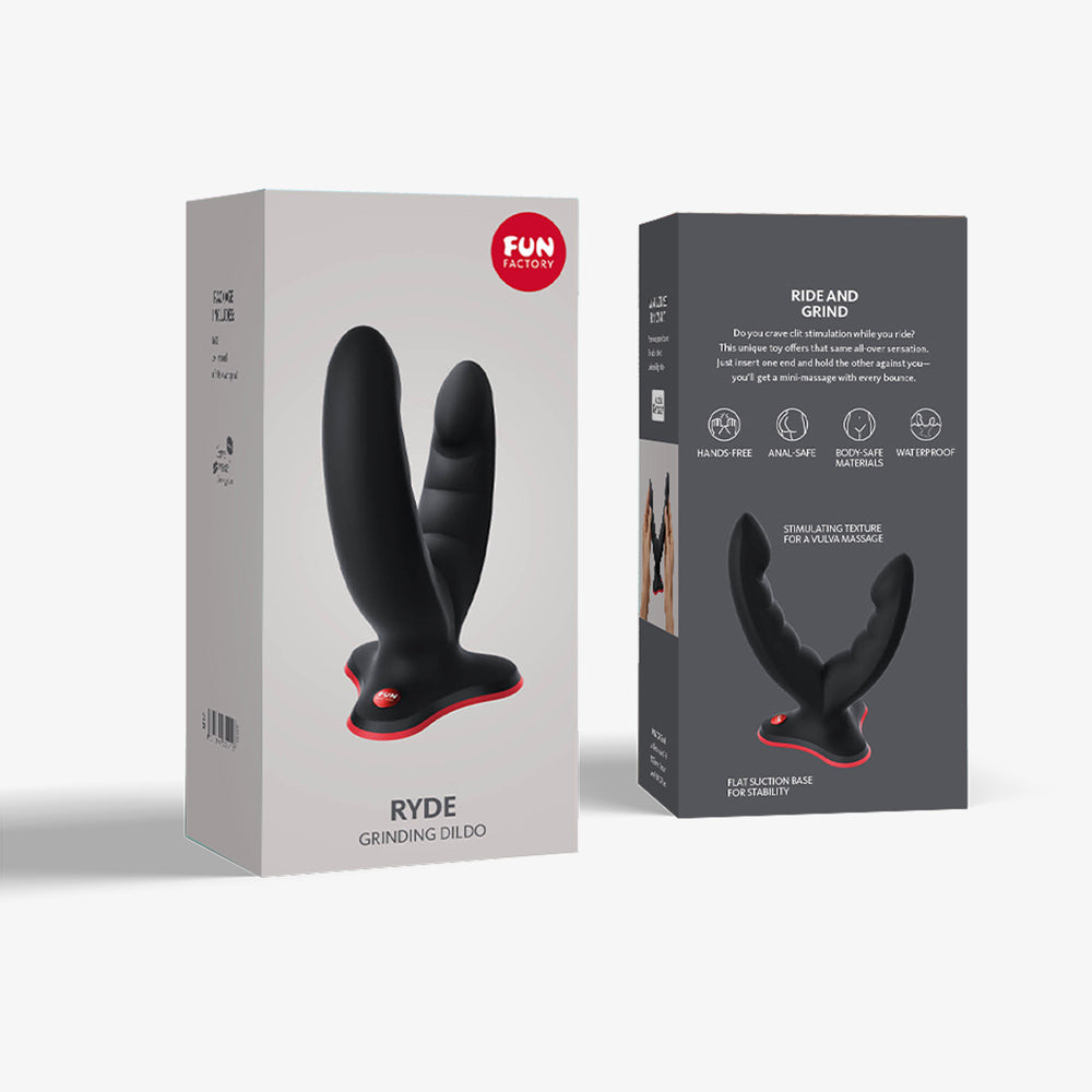 Ryde double dildo in black by fun factory package