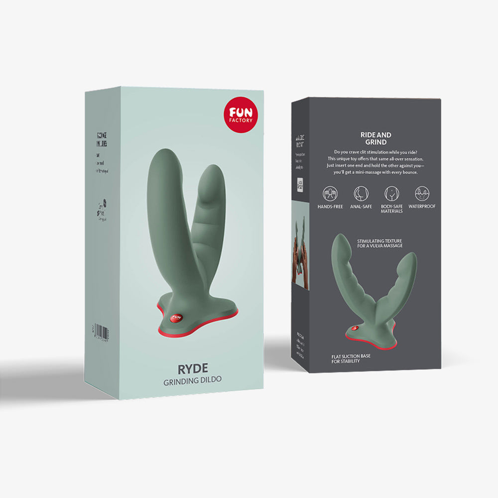 Ryde double dildo in green by fun factory package