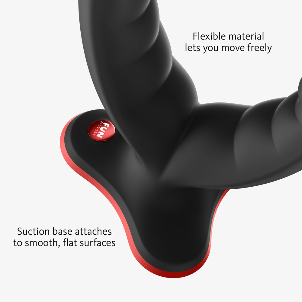 Ryde double dildo infographic showing the flexibility and the suction capabilities of the toy