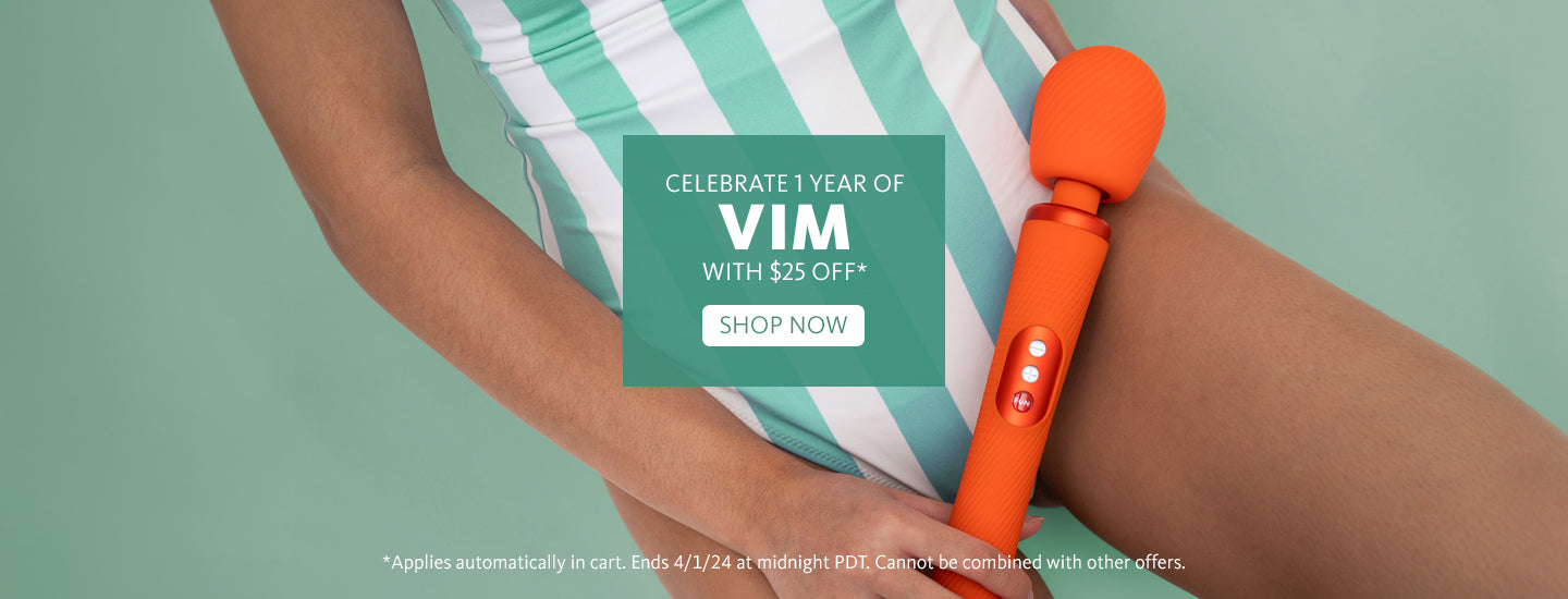 $25 off VIM banner showing person in striped teal bathing suit holding VIM vibrating wand in sunrise orange, sized for desktop