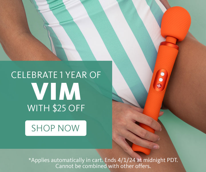 $25 off VIM banner showing person in striped teal bathing suit holding VIM vibrating wand in sunrise orange
